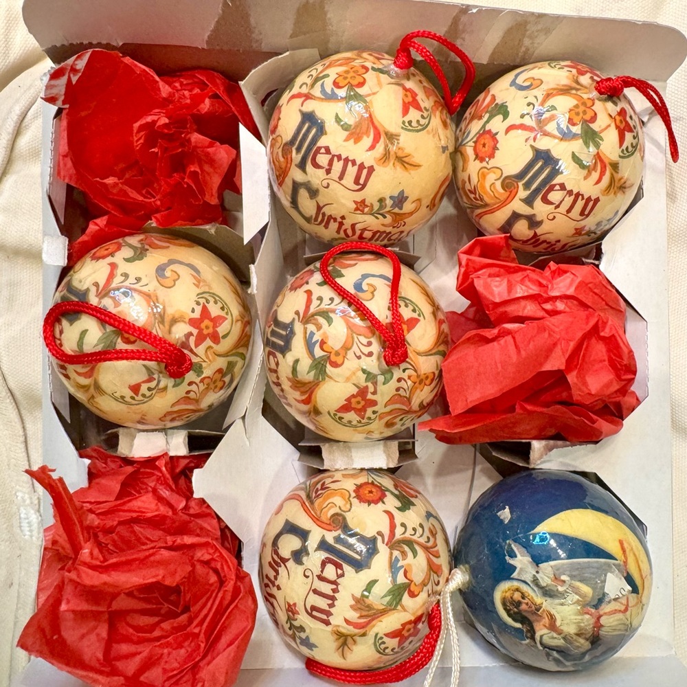 Six Victorian-style lacquered tree ornaments